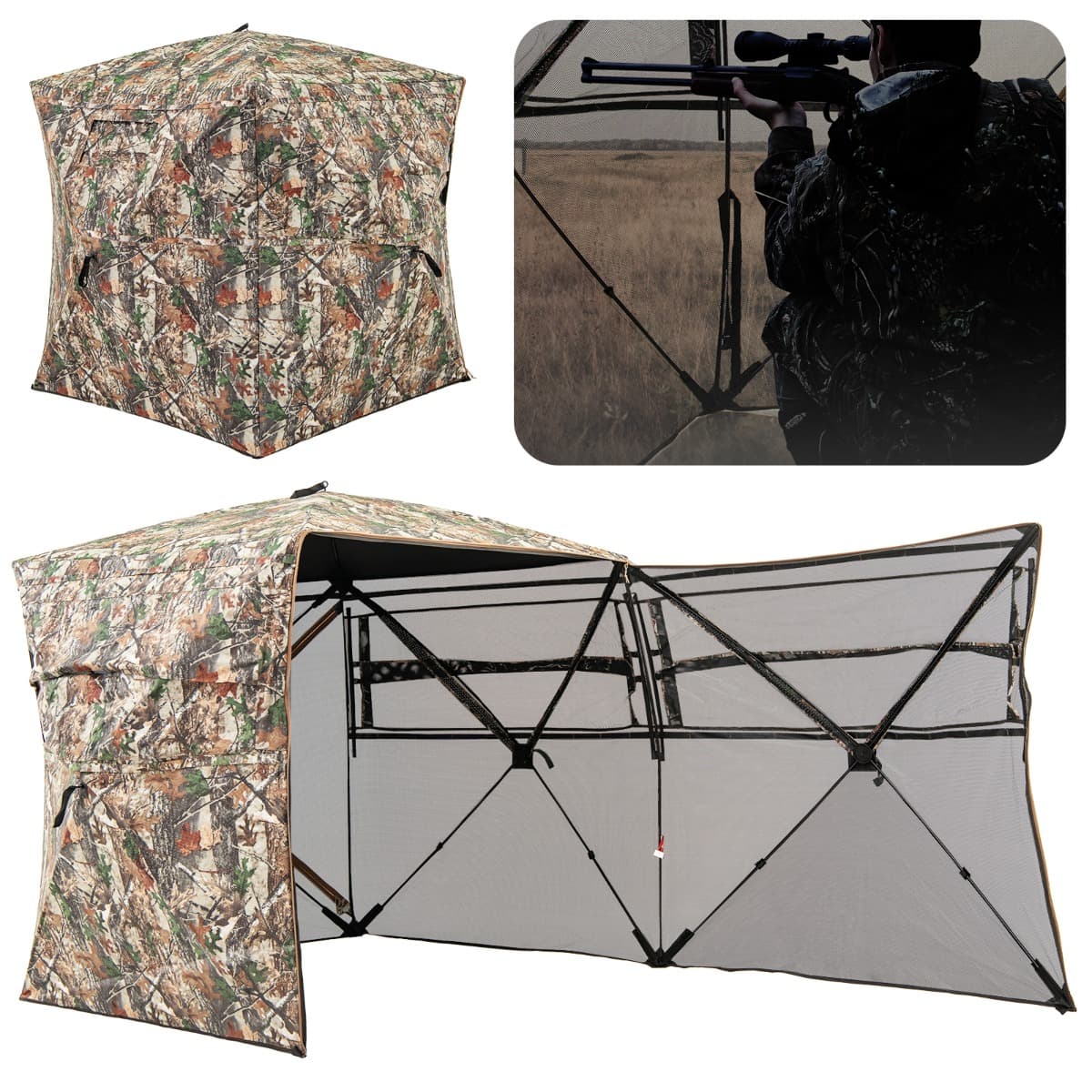 CostwayStore de Chasse Portable pour 2 à 3 Personnes Tente de Chasse Pop-Up Vue Dégagée à 360° avec Sac de Transport 148x148x170cm Camouflage